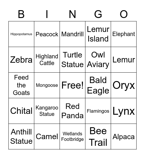 JV Family Day - Zoo-Mazing 2022 Bingo Card