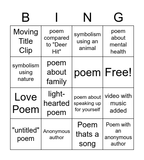 Poetry Bingo Card