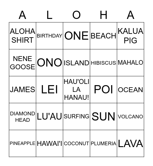 Lu'au Bingo Card