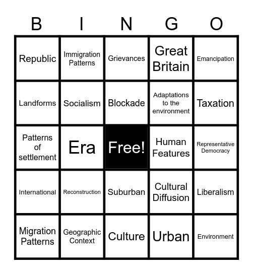History and Geography Vocabulary Bingo Card