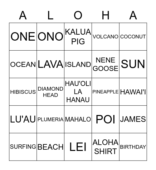 Lu'au Bingo Card