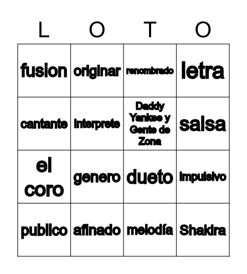 Vocabulario de música Bingo Card