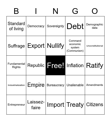 Government and Society Vocabulary Bingo Card