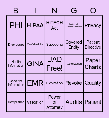 Health Information Bingo Card