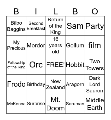 Lord of the Rings BINGO Card