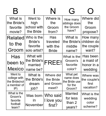 BRIDAL SHOWER BINGO Card