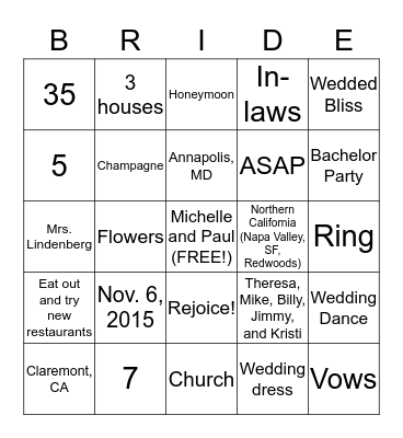 Bridal Bingo! Bingo Card