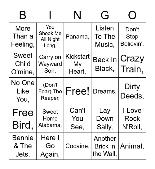 Classic Rock Hits 70s-80s Bingo Card