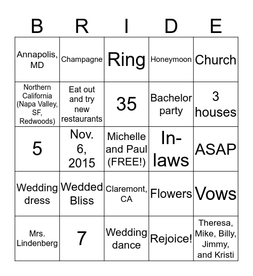 Michelle's Bridal Bingo! Bingo Card