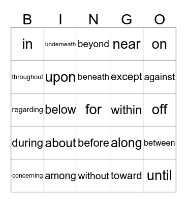 Preposition Bingo Card