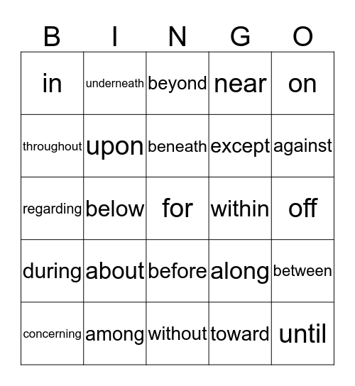 Preposition Bingo Card