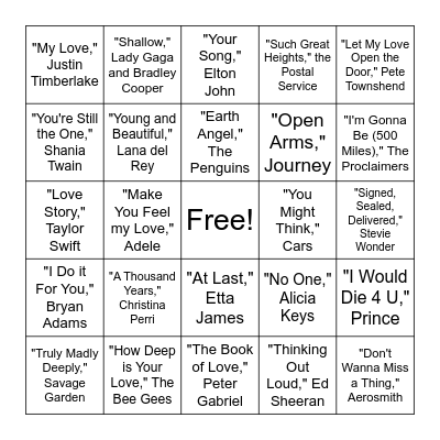 Love Songs Bingo Card