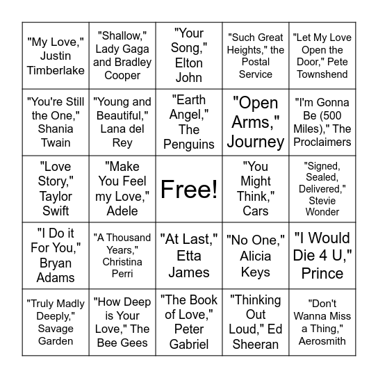 Love Songs Bingo Card