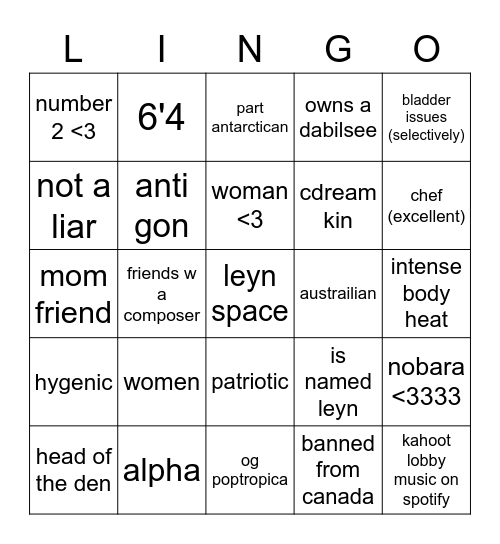 leyngo Bingo Card