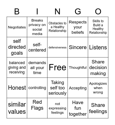 Healthy Relationship Bingo for Teens Bingo Card