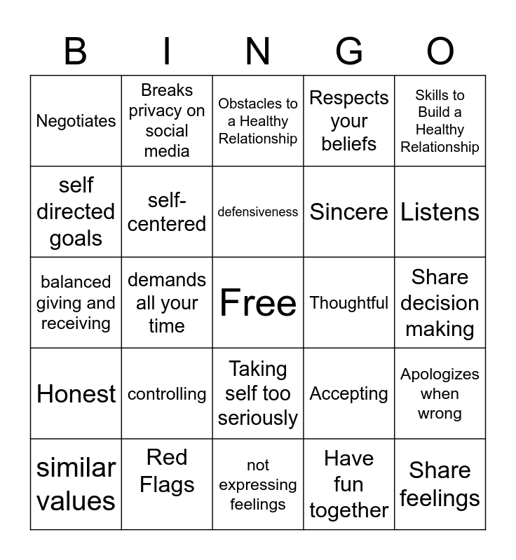 Healthy Relationship Bingo for Teens Bingo Card