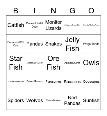 Coal's List of Sick Animals Bingo Card
