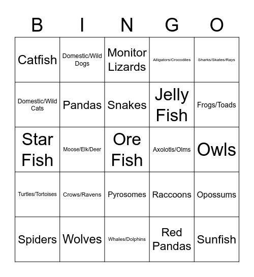 Coal's List of Sick Animals Bingo Card