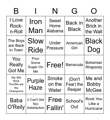 Classic Rock Bingo Card