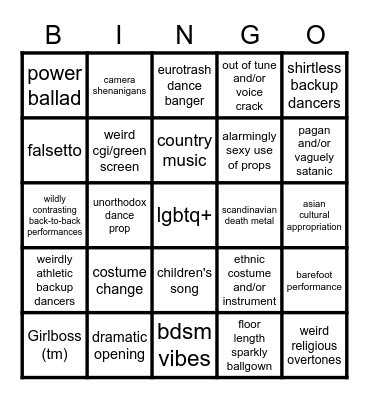 eurovision bingo Card