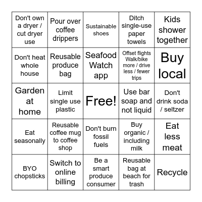 Earth Day Green Tips Bingo! Bingo Card