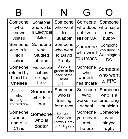 Derek and Chelsea's Meet and Greet Wedding Bingo! Bingo Card