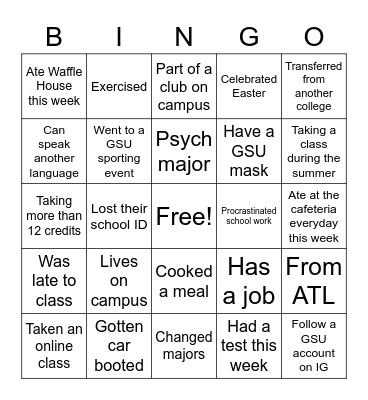 GSU BINGO Card