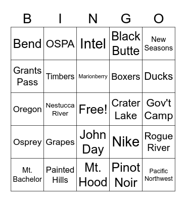 Oregon Bingo Card