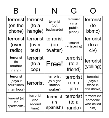 Terrorist Free Space Bingo Card