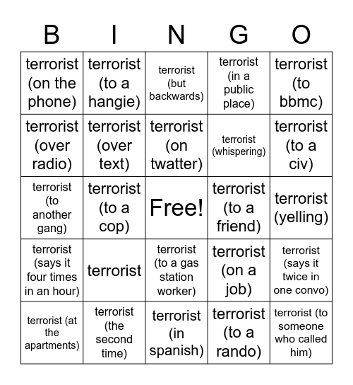 Terrorist Free Space Bingo Card