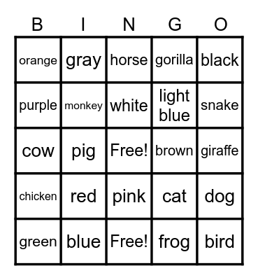 Color and Animal Bingo!! Bingo Card