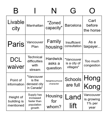 Public Hearing Bingo Card