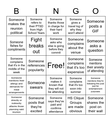 Social Media Reunion Post Bingo Card