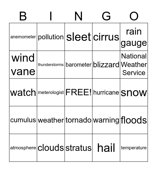 Weather Words Bingo Card