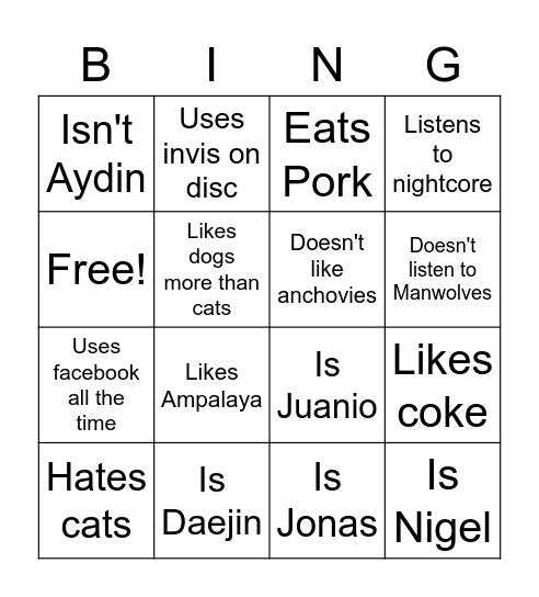 Evil Bingo (Biased Bingo) Bingo Card