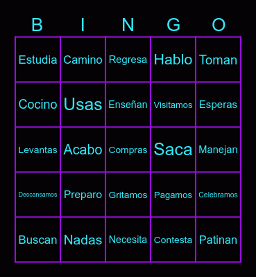 Regular -ar Verbs : Conjugations Bingo Card