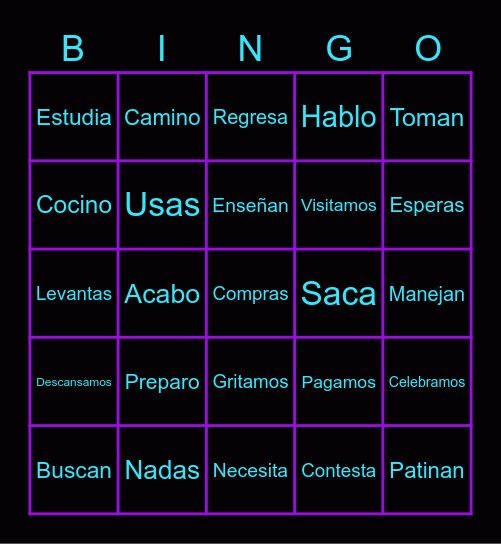 Regular -ar Verbs : Conjugations Bingo Card
