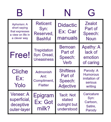 Jonas Martin Vocab Work #16 Bingo Card