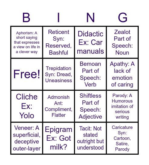 Jonas Martin Vocab Work #16 Bingo Card