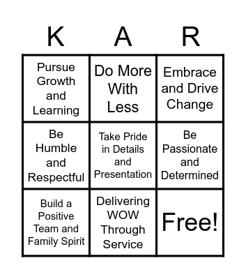 Core Value Bingo Card
