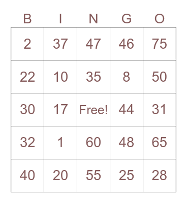 Number Binggo 1-75 Bingo Card
