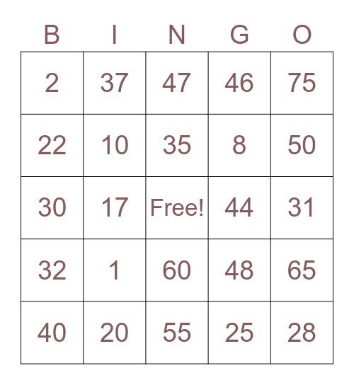 Number Binggo 1-75 Bingo Card