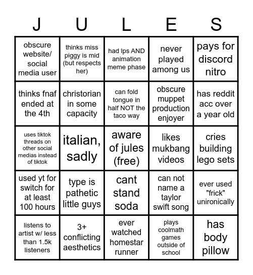 Jules Bingo! Bingo Card