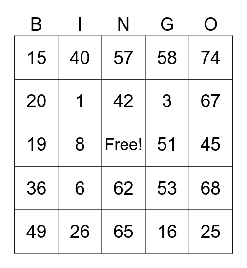 Number 1-75 Bingo Card