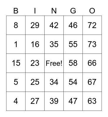 Numbers 1-75 Bingo Card