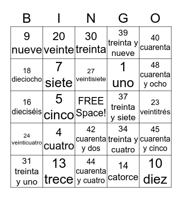 Spanish Numbers Bingo Card