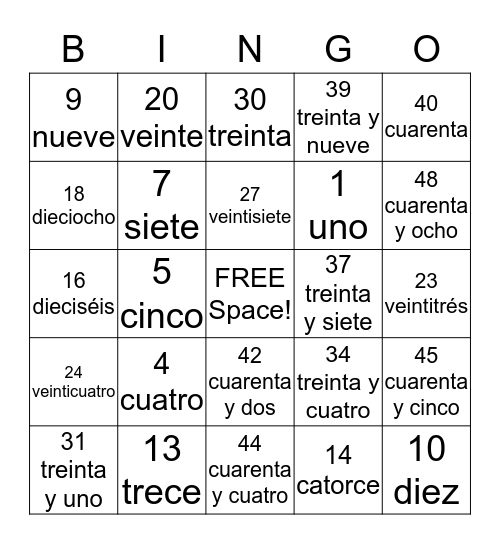 Spanish Numbers Bingo Card