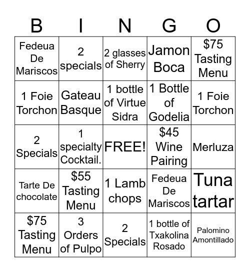 Tinto Bingo  Bingo Card