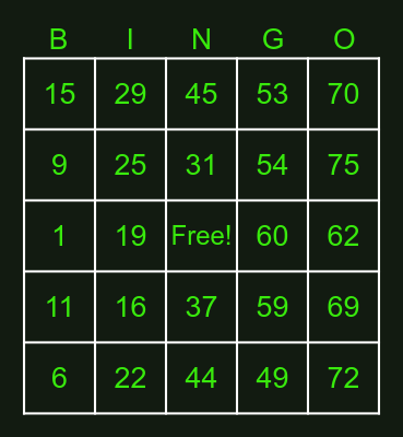 BINGO GO GO! Bingo Card