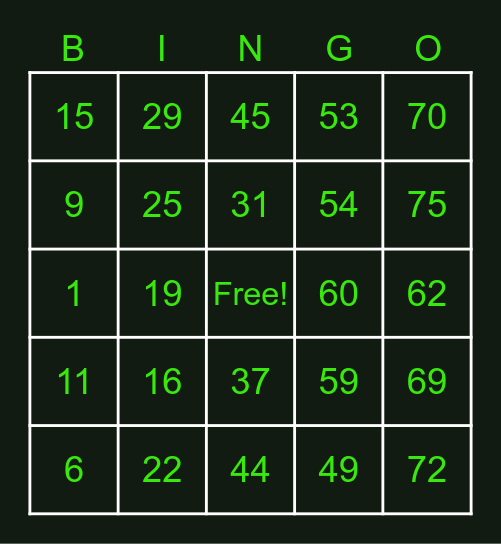 BINGO GO GO! Bingo Card